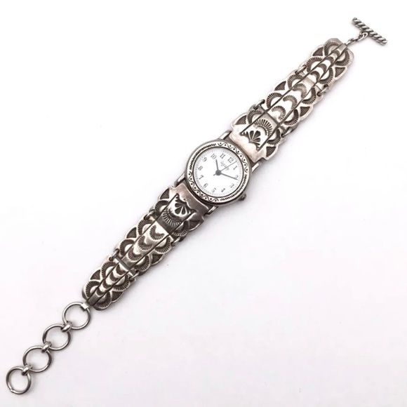 Signed - Joe Degalrito & May Willie, Navajo. Vntg Sterling Watch Band / Bracelet - Picture 2 of 8